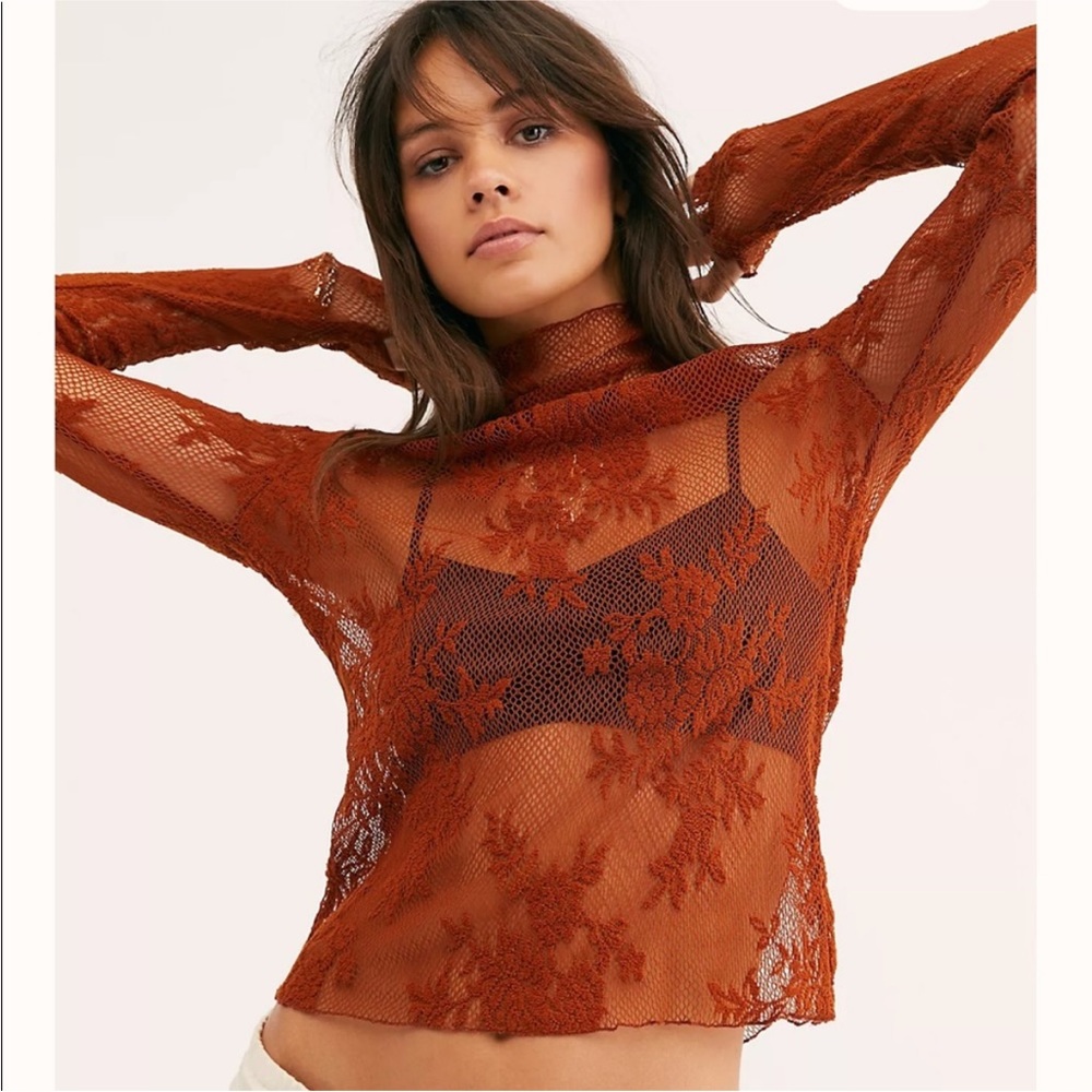 NWOT Free People “Sweet Secrets” Rust Orange Lace Turtleneck Top
